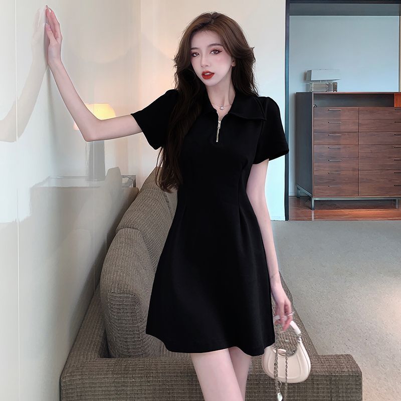 French style exquisite pure desire wind slightly fat mm summer new A-line skirt female waist slimming solid color polo collar dress