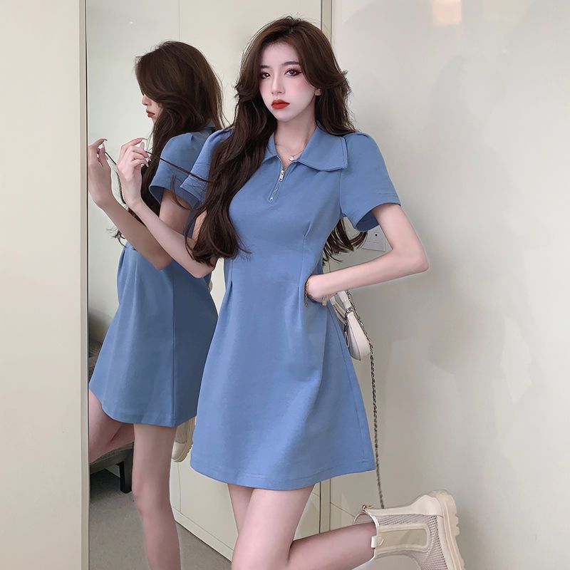 French style exquisite pure desire wind slightly fat mm summer new A-line skirt female waist slimming solid color polo collar dress