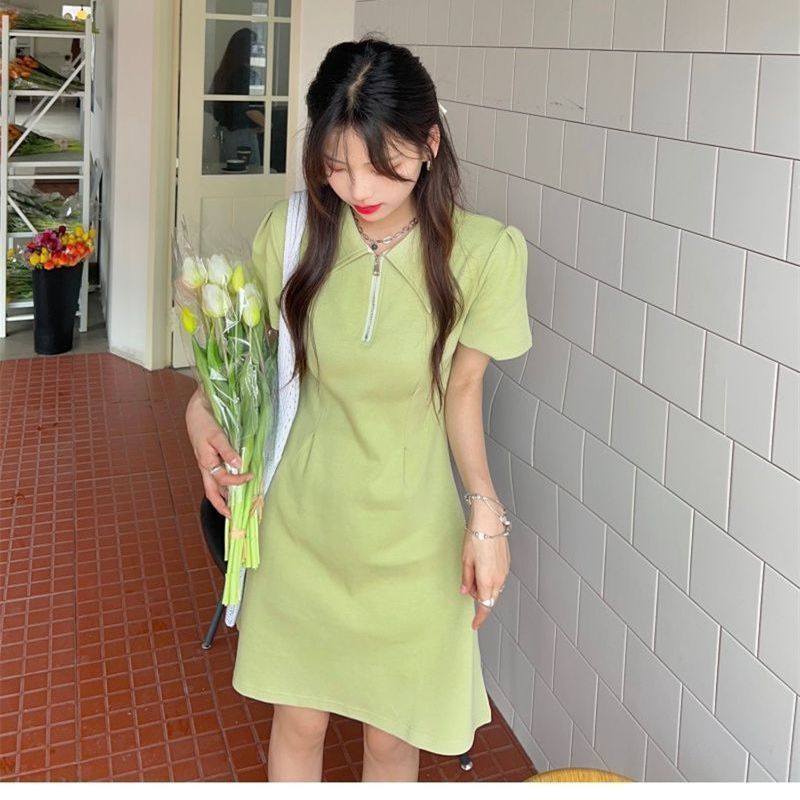 French style exquisite pure desire wind slightly fat mm summer new A-line skirt female waist slimming solid color polo collar dress