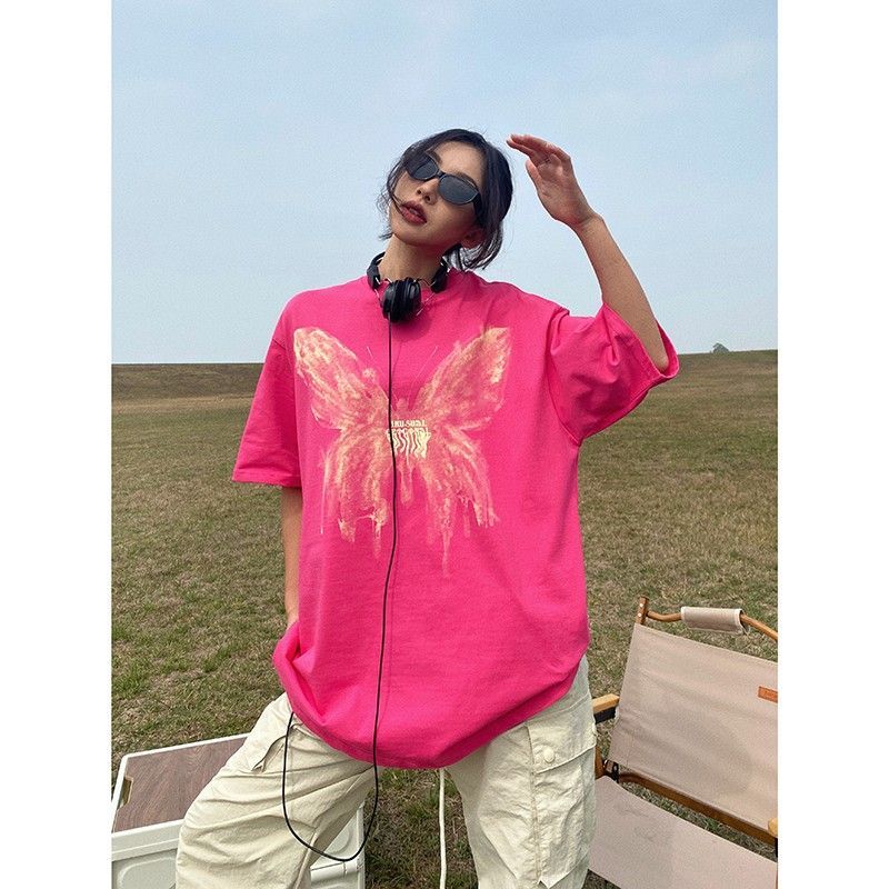 美式復古蝴蝶印花重磅短袖t恤女夏季新款寬鬆韓版情侶玫紅色上衣