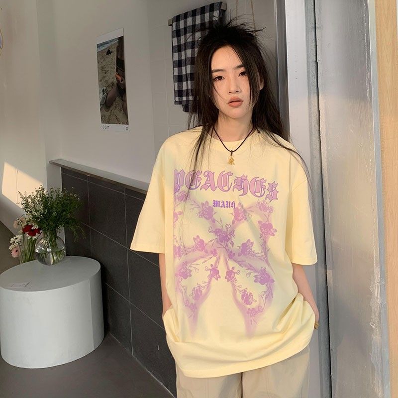 紫外線光感變色蝴蝶短袖t恤女夏季新款寬鬆重磅純棉情侶上衣ins潮