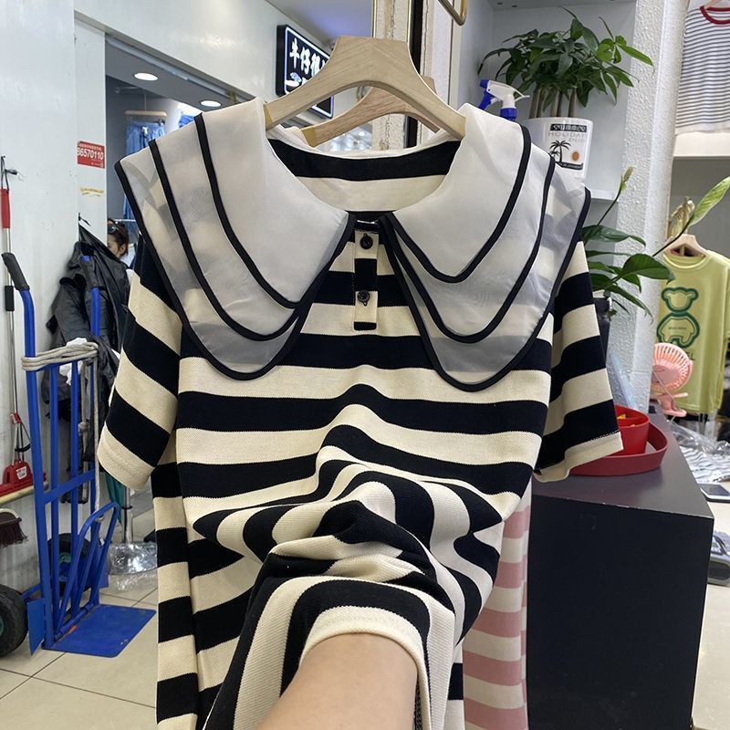 Doll collar shirt princess style top striped dress female summer fat mm loose short-sleeved long T-shirt skirt