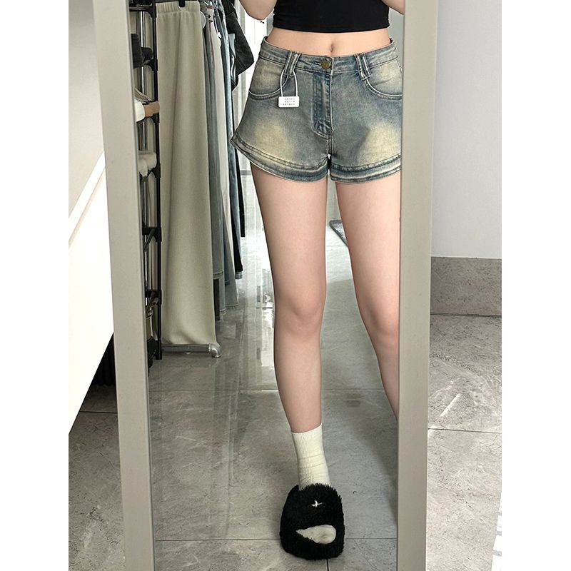 Hot girl retro denim shorts women's summer hot pants distressed a-line high waist slimming straight wide leg pants for small people