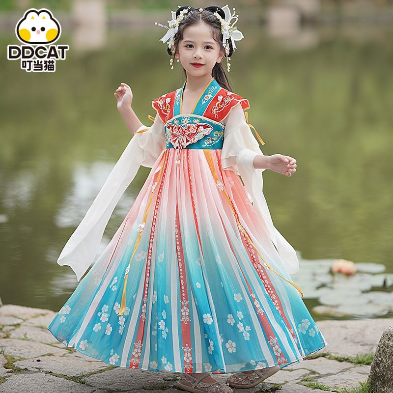 叮噹貓漢服女童古裝連衣裙中國風唐裝公主裙夏裝兒童仙女古風裙子