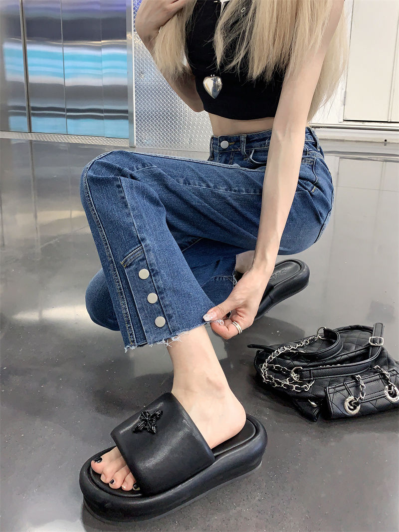 直筒牛仔褲女夏季大碼胖mm新款設計感高腰顯瘦小個子九分煙管褲子