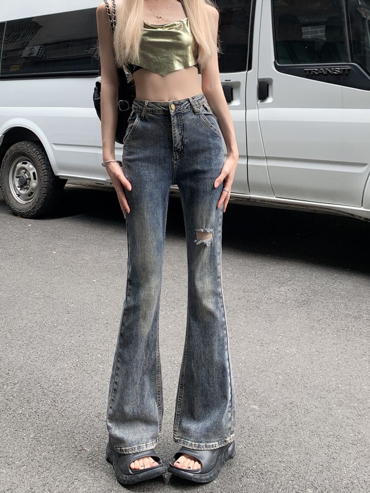 美式辣妹破洞做舊牛仔微喇叭褲女大碼胖mm高腰新款彈力顯瘦褲子夏