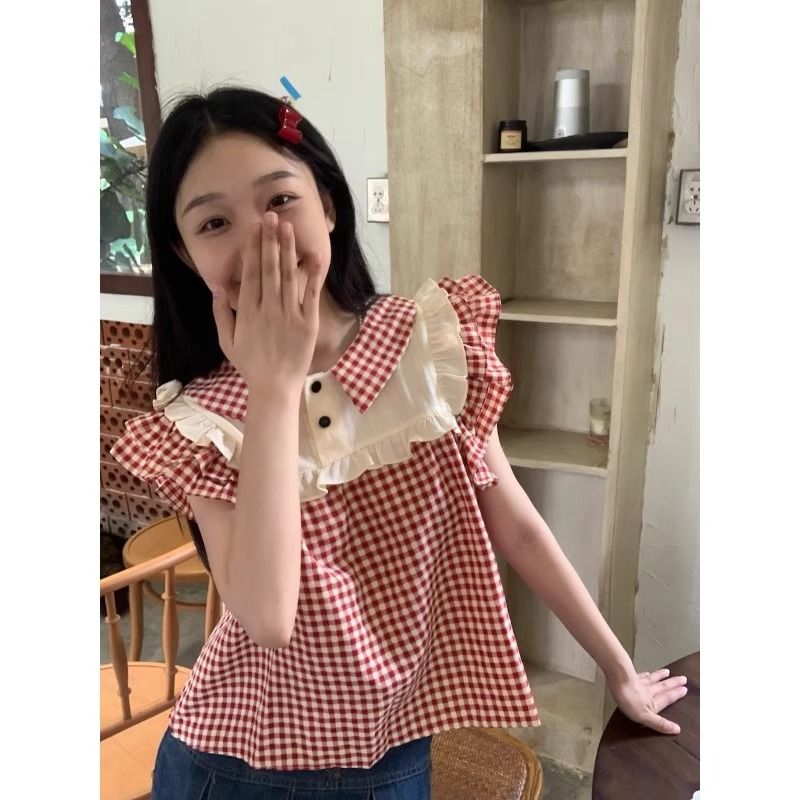 小飛袖格子襯衫女夏季2023新款法式甜美小眾別致韓系溫柔chic上衣