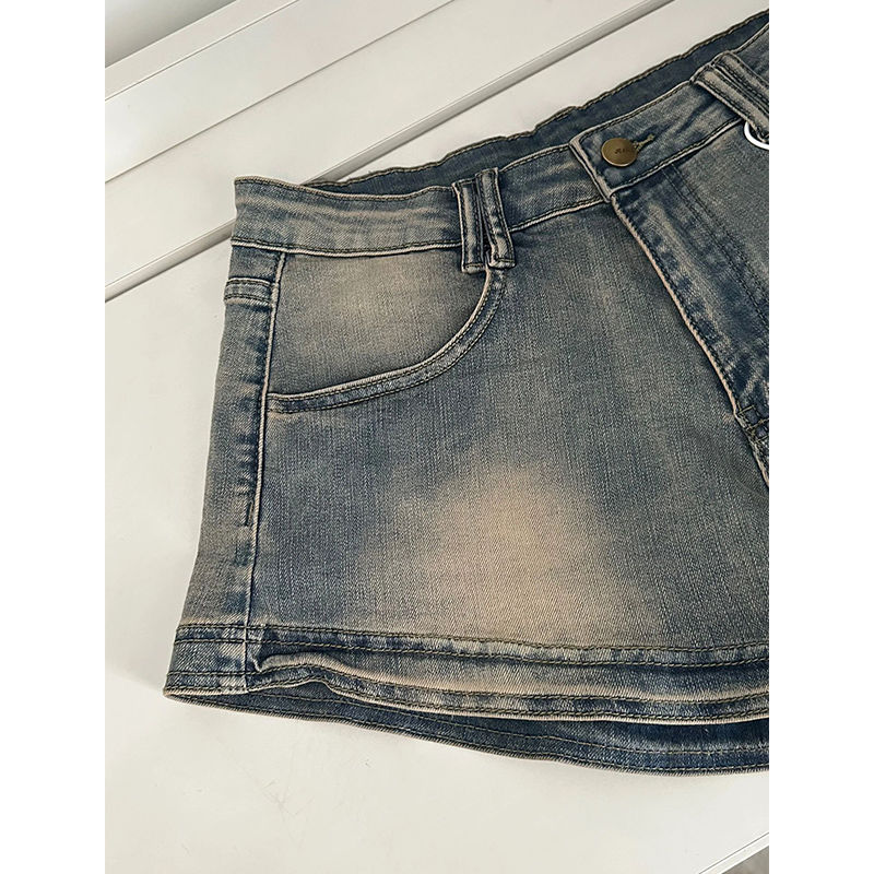 Hot girl retro denim shorts women's summer hot pants distressed a-line high waist slimming straight wide leg pants for small people