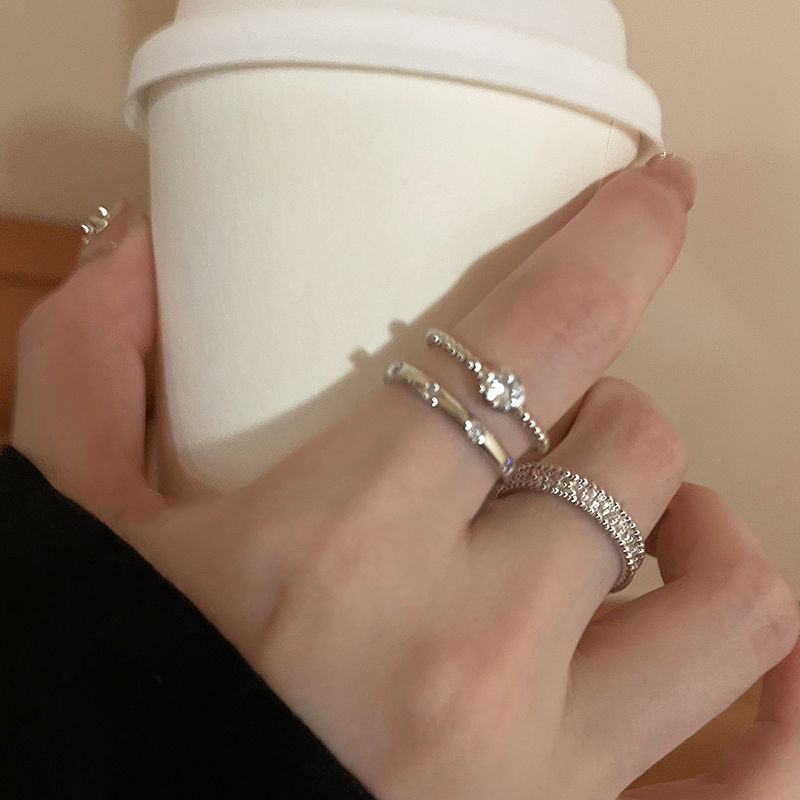 素圈鋯石金屬開口戒指套裝女小眾設計高級感食指戒簡約冷淡風指環