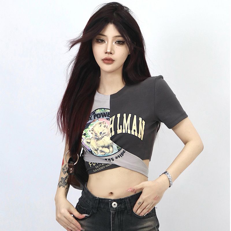 美式辣妹風拼色印花短袖T恤女夏季後背交叉綁帶設計短款上衣露臍