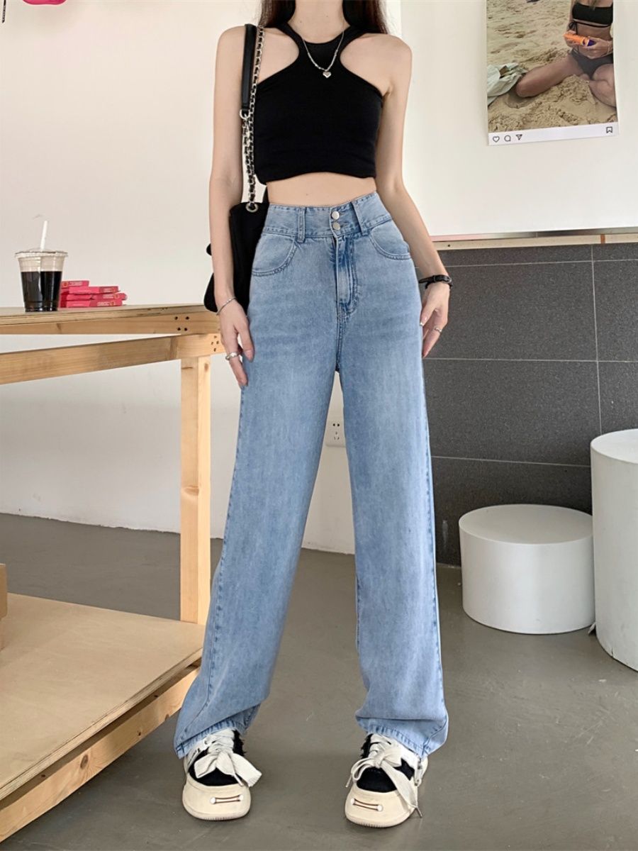 薄款天絲闊腿牛仔褲女春夏季大碼胖mm高腰顯瘦寬鬆拖地直筒長褲子