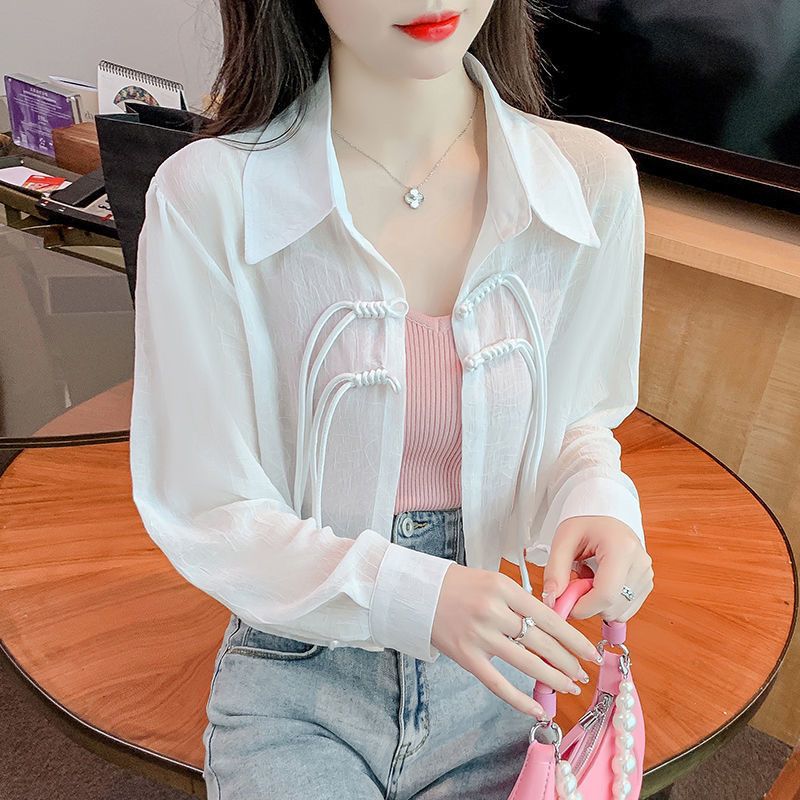 防曬衣女夏季2023新款薄款國風襯衫輕薄長袖時尚洋氣盤扣雪紡上衣
