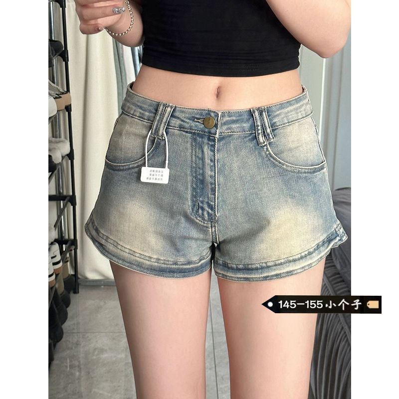 Hot girl retro denim shorts women's summer hot pants distressed a-line high waist slimming straight wide leg pants for small people