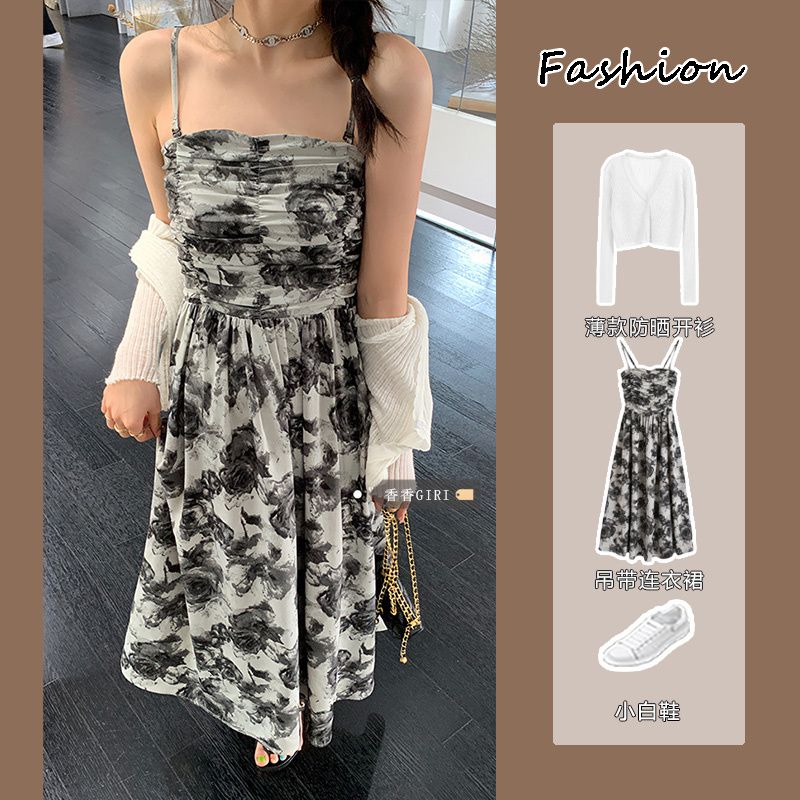 辣妹風收腰水墨吊帶連衣裙套裝女夏薄款防曬開衫顯瘦碎花a字長裙