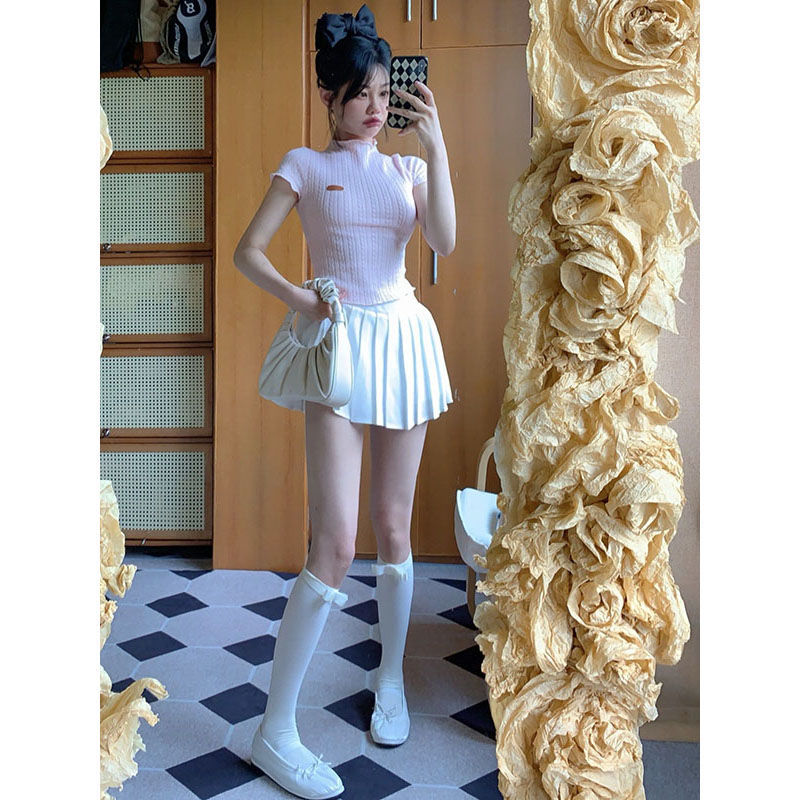 兩件套裝2023夏季新款美式復古短款修身粉色正肩短袖+百褶半身裙