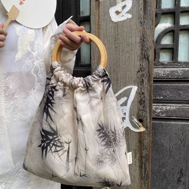 淳實原創自製新品漢服手提木環包女款國風麻布包包旗袍包包手拿包