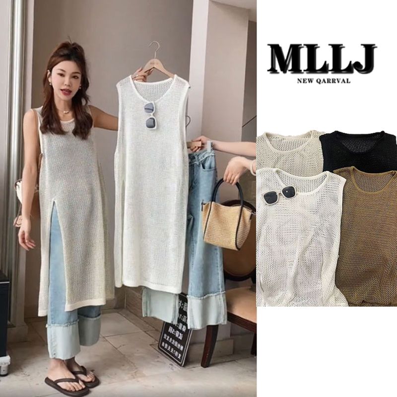 Thin Section Slit Sleeveless Dress Hollow Sweater Knitwear Female Summer Sexy Babes Lazy Wind Suspender Dress