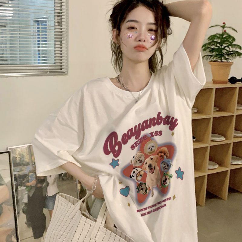 美式復古星星小狗印花短袖t恤女夏季新款寬鬆韓版重磅純棉上衣ins