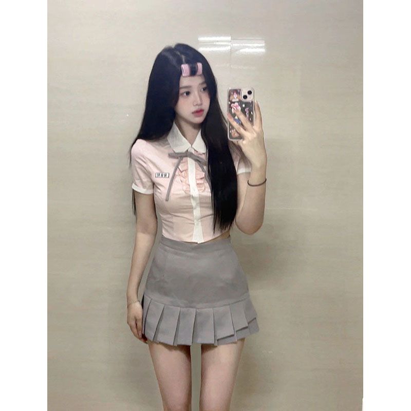 2023新款夏季粉色Polo領襯衫上衣灰色百褶裙韓系制服學院風套裝女