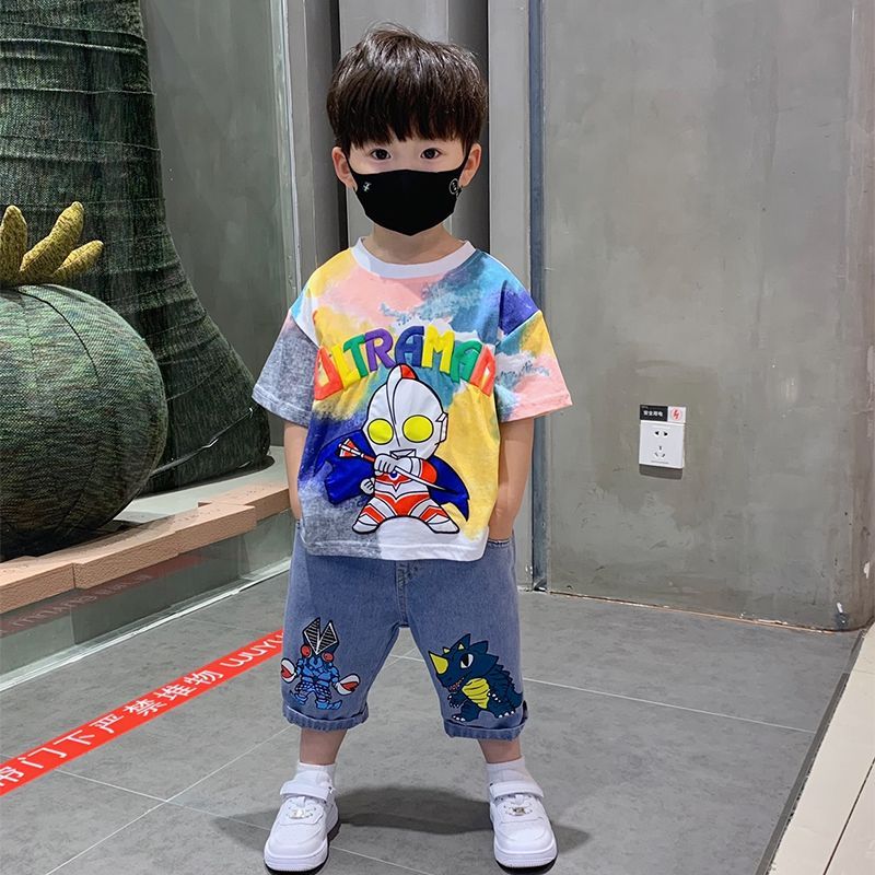 奧特曼夏季童裝男童帥氣時髦短袖套裝男孩休閒洋氣寶寶扎染衣服潮