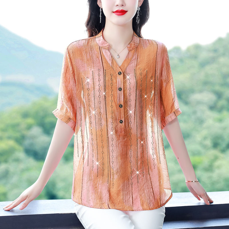 2023夏季新款大碼女裝上衣休閒襯衣燙鑽小衫寬鬆媽媽裝中袖襯衫女