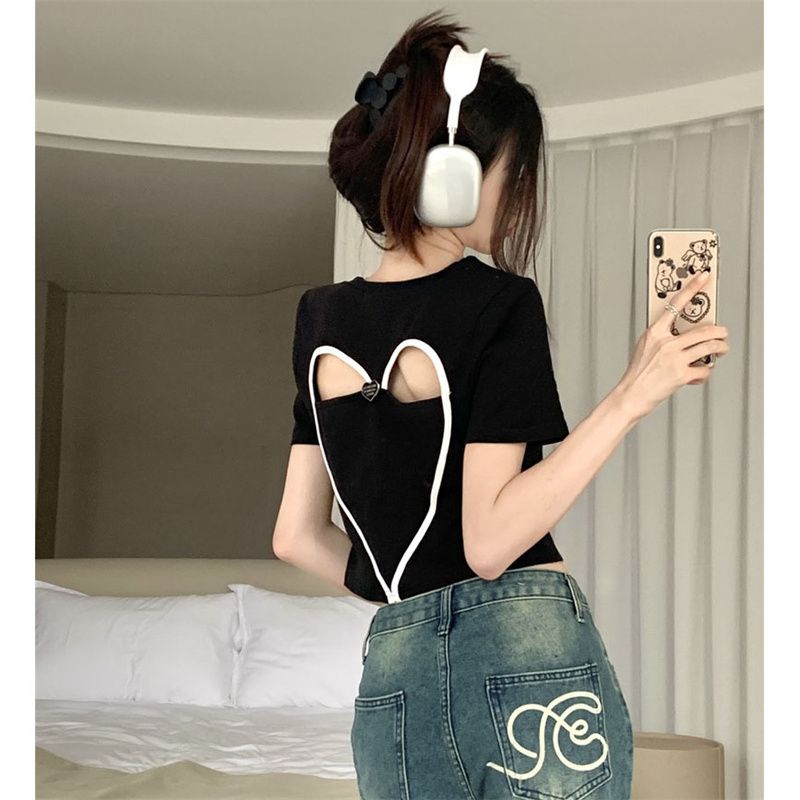 100% pure cotton Aixin hollow-out printing sweet and spicy short-sleeved T-shirt women's summer small loose pure desire INS wind top