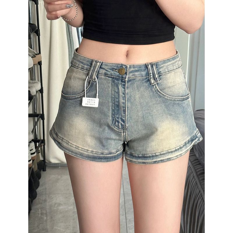 Hot girl retro denim shorts women's summer hot pants distressed a-line high waist slimming straight wide leg pants for small people