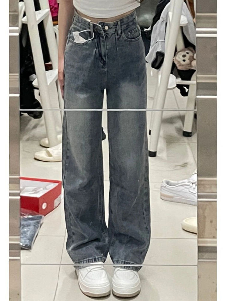復古闊腿牛仔褲女秋季新款設計感高腰寬鬆顯瘦百搭直筒拖地褲子潮