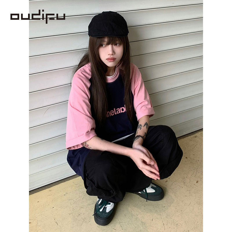 OUDIFU純棉短袖T恤女潮ins夏季2023新款多巴胺國潮牌插肩重磅上衣