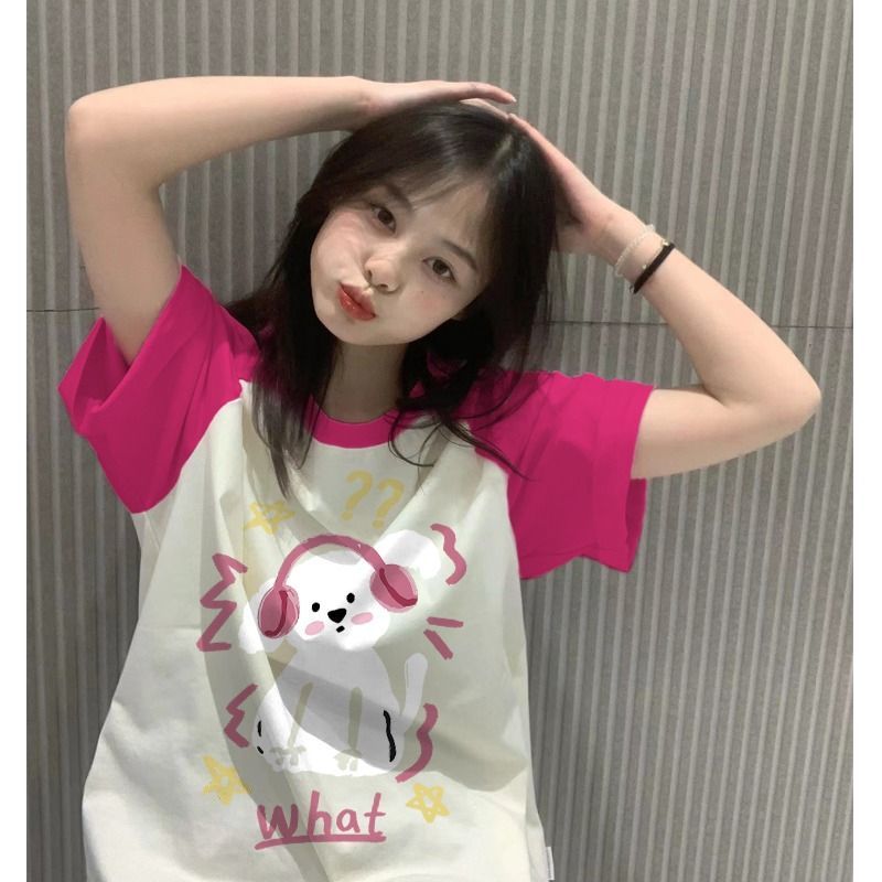 纖麥純棉正肩t恤女短袖夏季小眾法式奶系溫柔甜美粉色插肩袖上衣