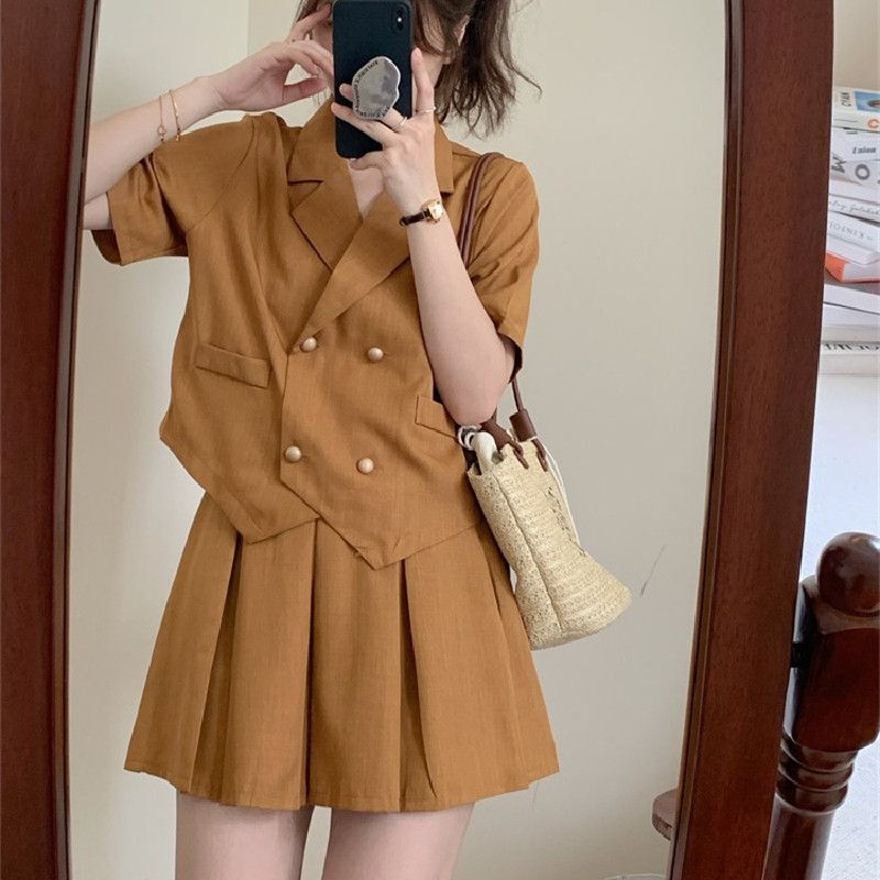 夏季兩件套女時尚高級感韓版顯瘦氣質短袖西裝百褶半身裙休閒套裝