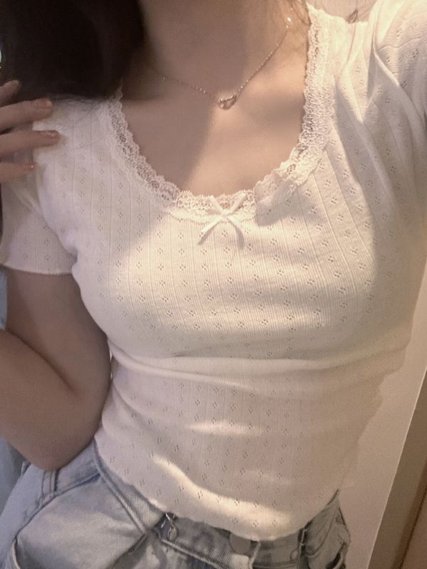 kumikumi蕾丝拼接U领短袖正肩打底衫女春夏季修身显瘦T恤白色上衣