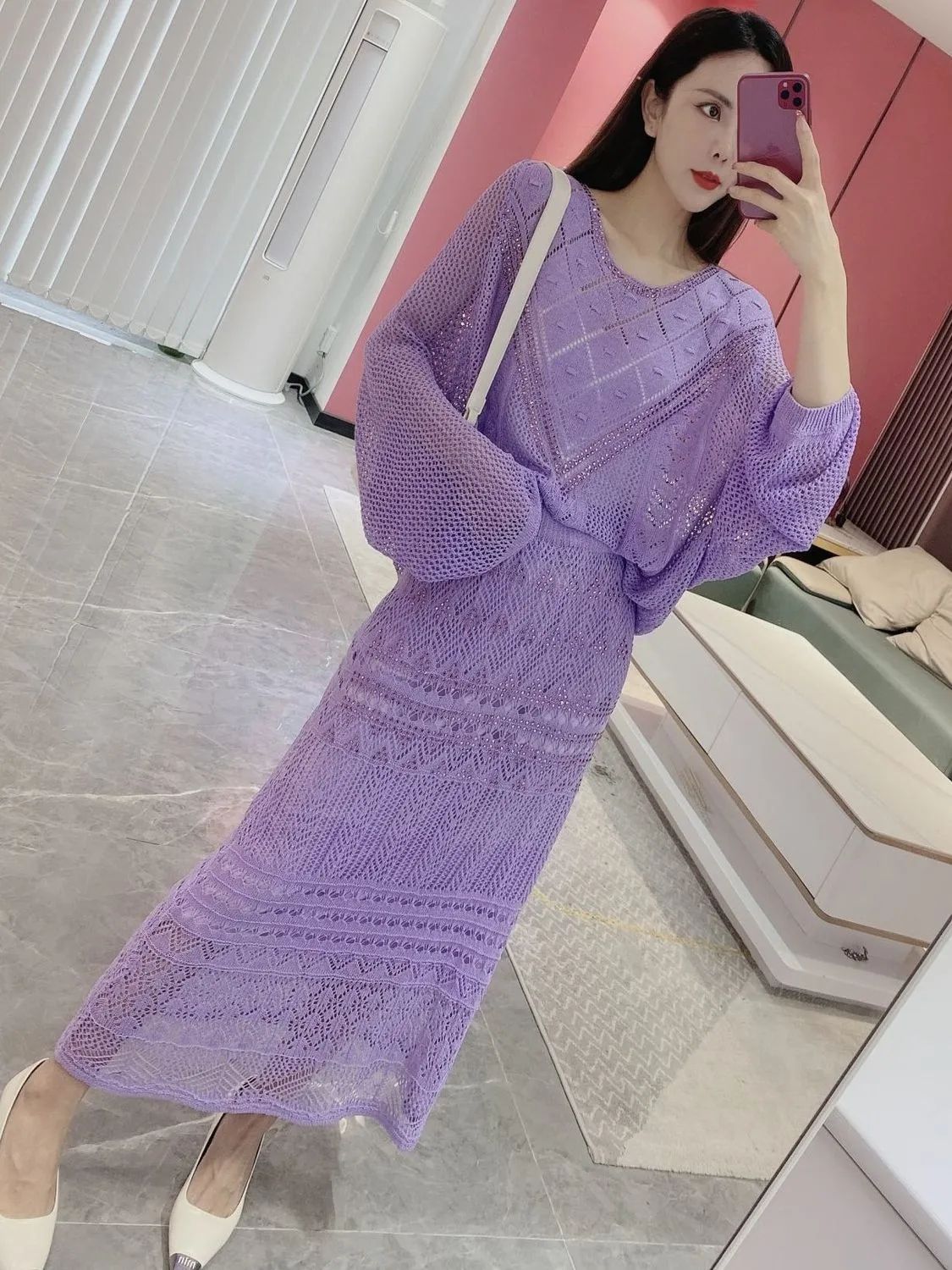 2023 Summer New Style Design Sense Hot Drill Hollow Loose Slim Knitwear + Straight Skirt Two-piece Set