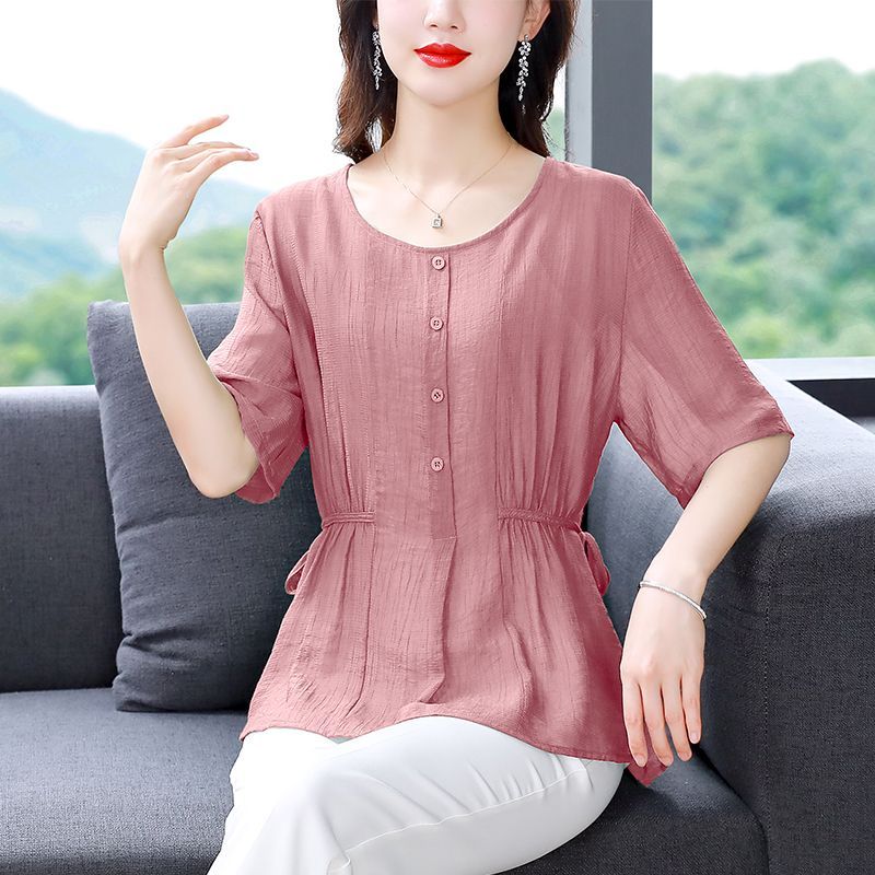 2023夏季新款棉麻上衣女士時尚百搭小衫寬鬆顯瘦大碼媽媽裝