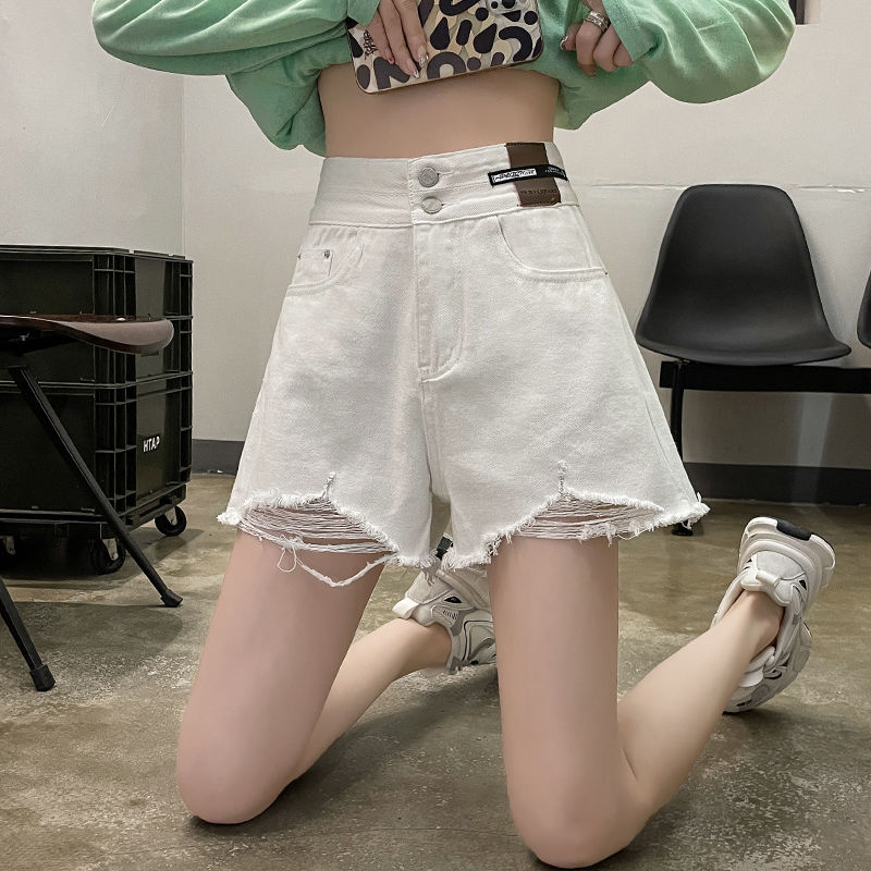 白色牛仔短褲女2023年夏季薄款高腰顯瘦破洞a字闊腿褲辣妹熱褲子