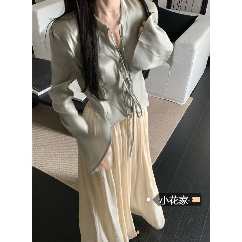 名媛法式襯衫女夏新款清冷感上衣長袖防曬襯衣闊腿裙褲兩件套套裝