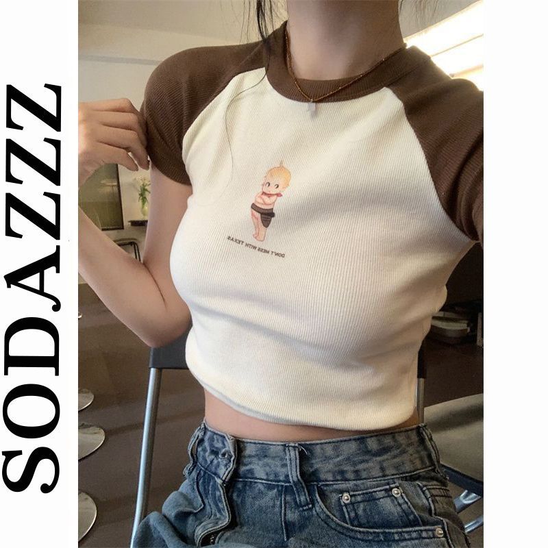 sodazzz夏新款美式插肩袖天使印花上衣bm高腰短款短袖t恤女純欲風