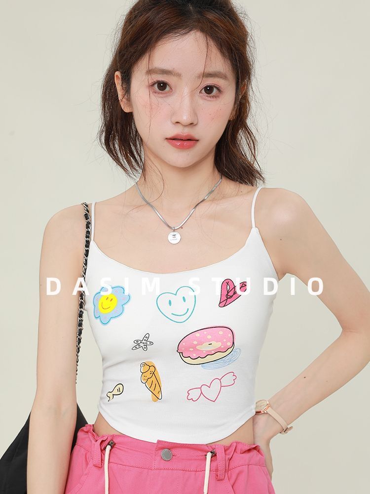 2023夏季新款甜辣超仙【修身顯瘦】印花帶胸墊吊帶