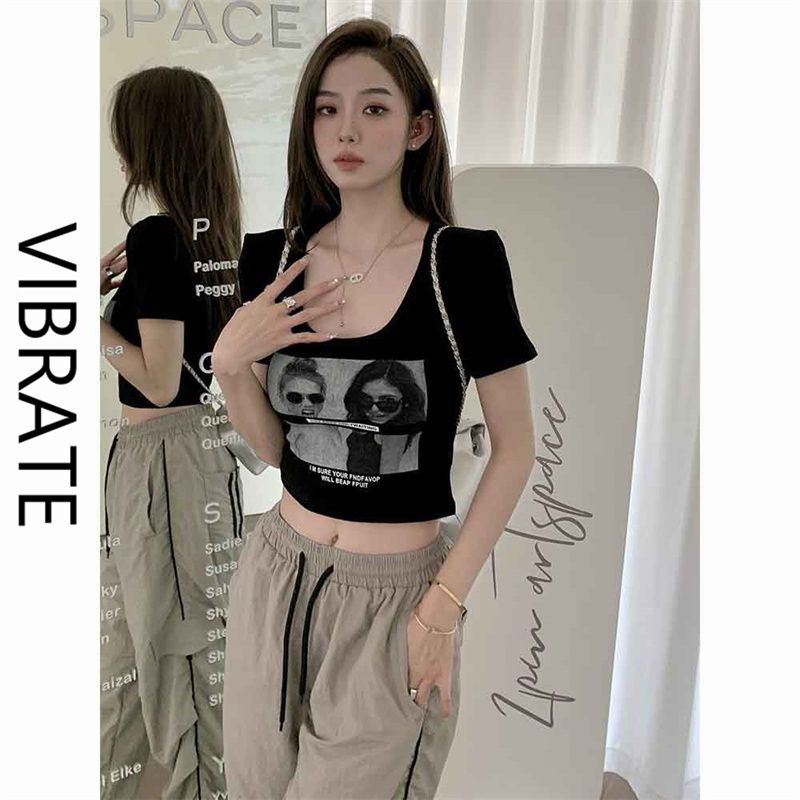 VIBRATE American retro front shoulder short-sleeved t-shirt female summer hot girl print black slim short top tide