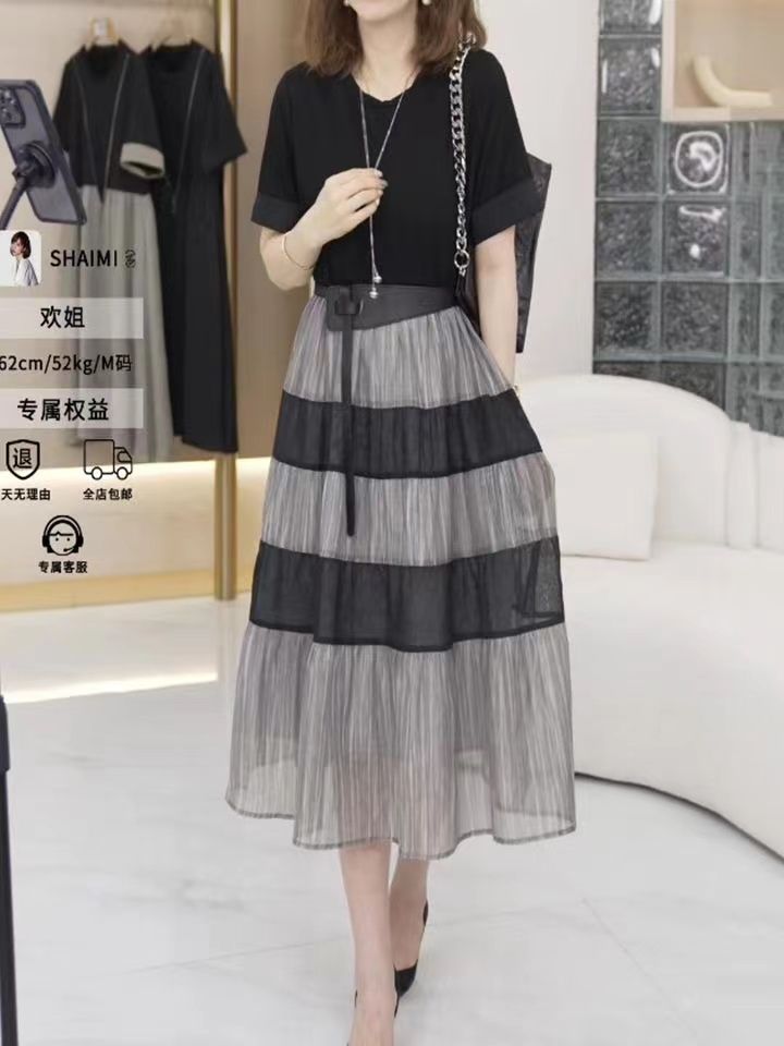 送腰带韩版设计感撞色拼接假两件连衣裙夏季新款显瘦A字裙