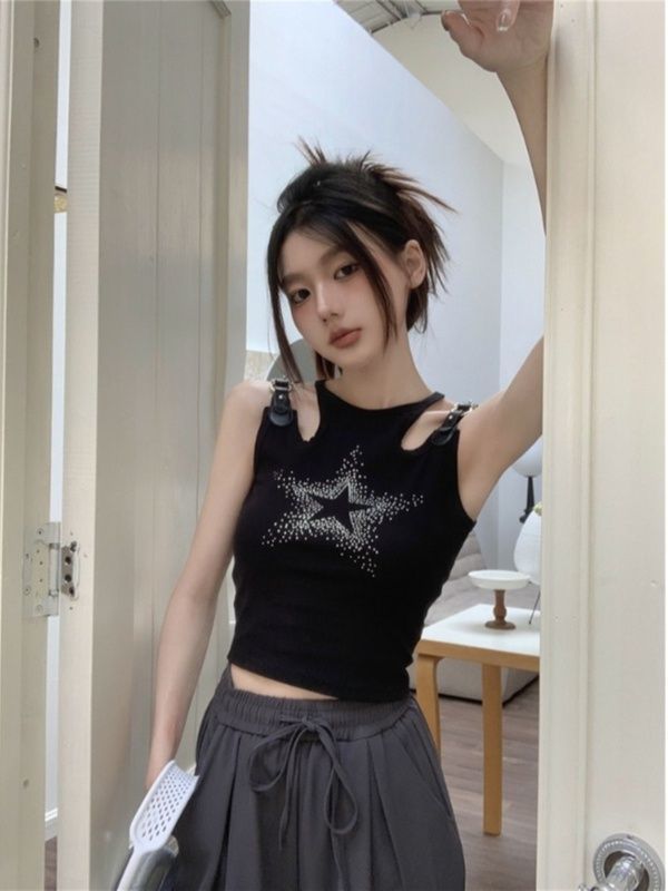 Leather buckle hollow star black halter vest suspender women's outer wear summer short sweet and cool hot girl sleeveless T-shirt top