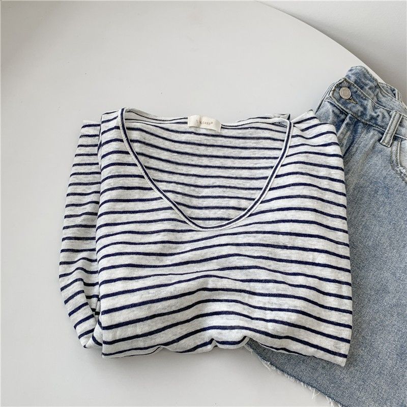 Extra large size 300 catties slub cotton micro-permeable V-neck striped cotton short-sleeved T-shirt women's loose lazy wind blue striped top