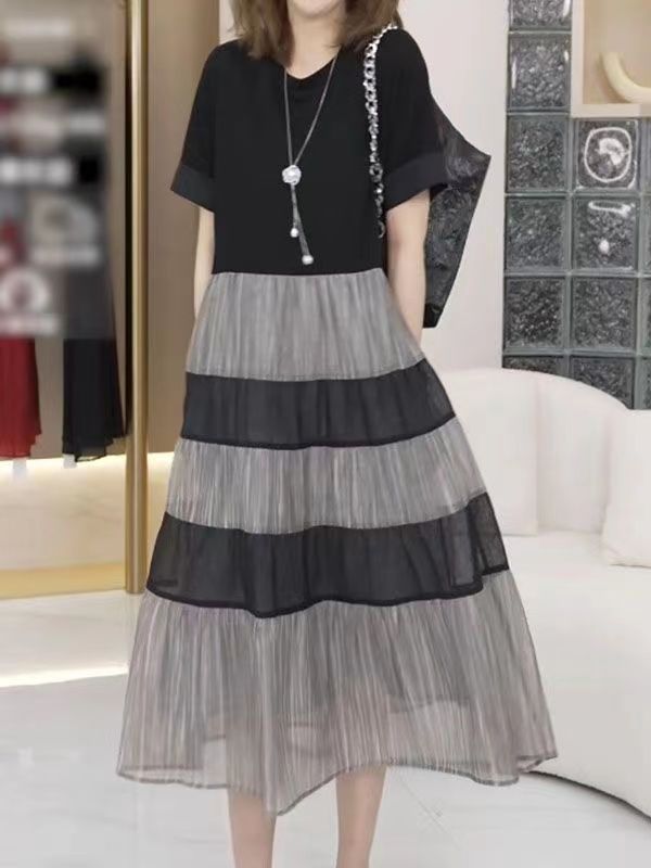 送腰带韩版设计感撞色拼接假两件连衣裙夏季新款显瘦A字裙