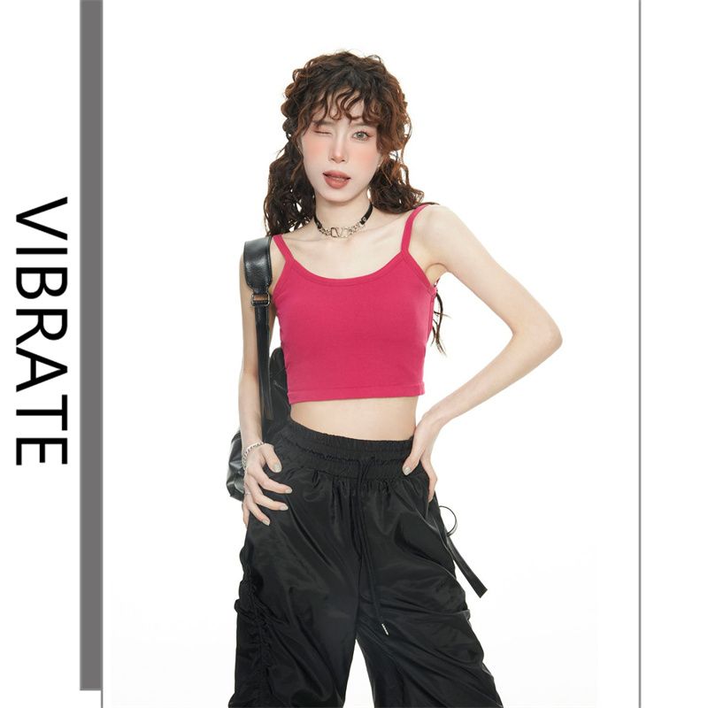 VIBRATE修身純欲甜辣玫紅色小吊帶背心女別致設計感露背交叉上衣