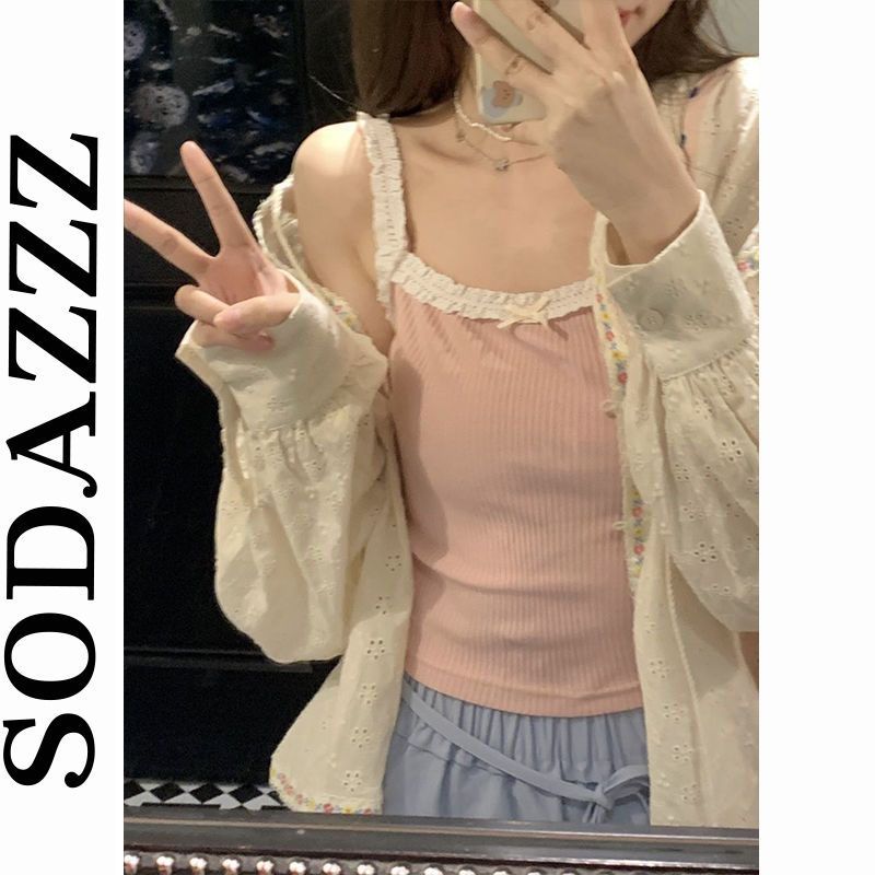 純欲風辣妹粉色2023夏季新款背心純欲少女感花邊吊帶兩色薄款洋氣