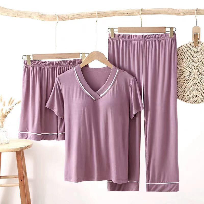 Pajamas with chest pad women's summer three-piece short-sleeved v-neck one-piece bra-free bra pregnant women can wear home clothes