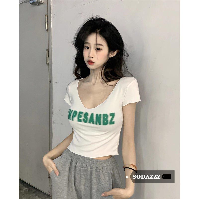 SODAZZZV領鎖骨正肩短袖T恤女夏季復古修身顯瘦字母印花短款上衣