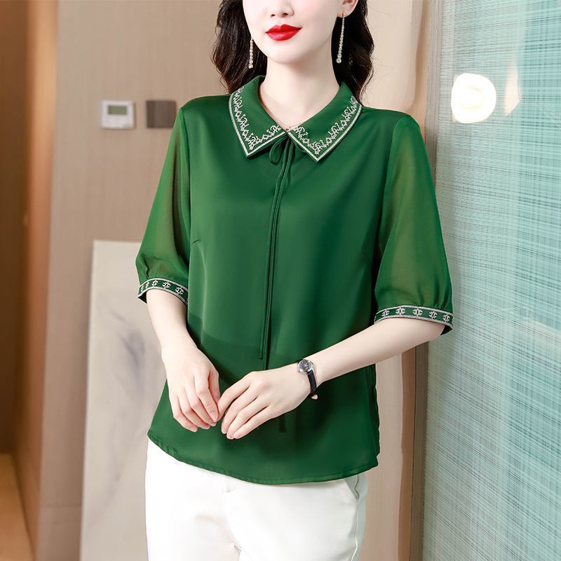2023夏季新款娃娃領重工藝繡花氣質緞面真絲襯衣襯衫上衣媽媽裝