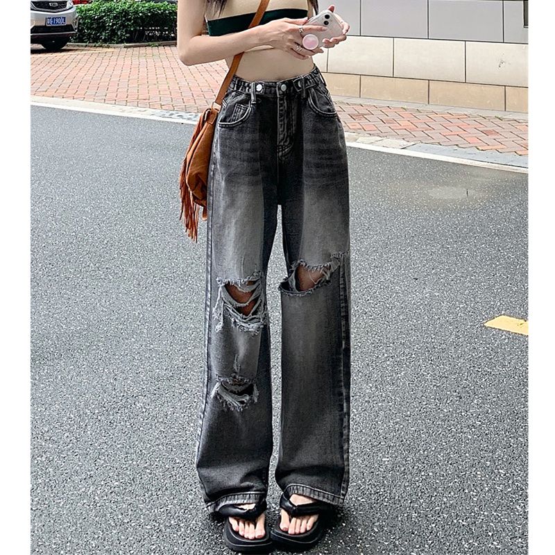 2023新款大碼胖mm顯瘦高腰直筒破洞牛仔褲女寬鬆高街ins潮闊腿褲