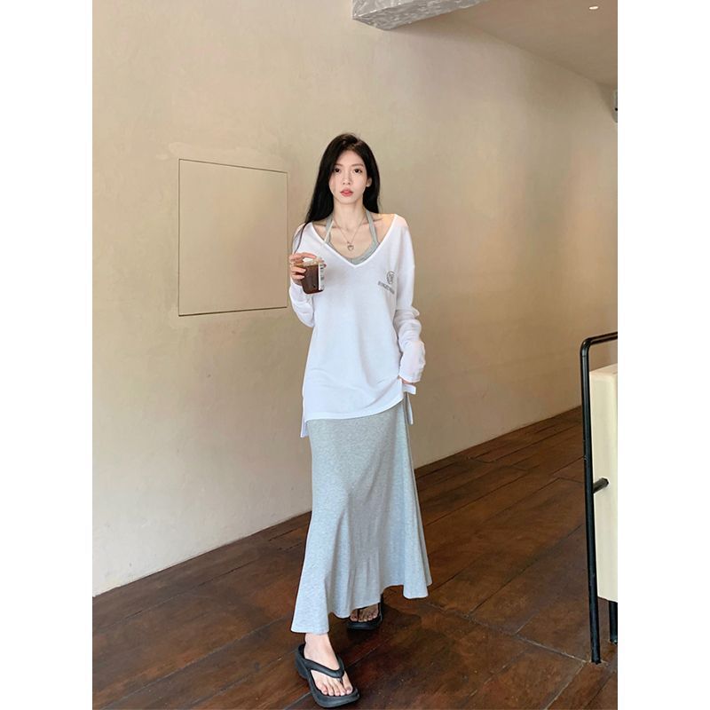 V-neck loose letter print long-sleeved sunscreen blouse suspender dress women's summer 2023 new fashion suit